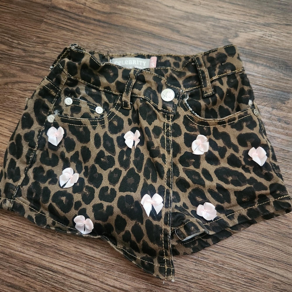 Celebrity Pink Leopard Print Kids Shorts with Pink Flowers